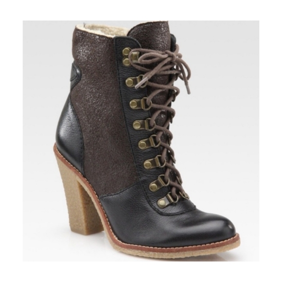 Sam Edelman Tara Brown/Black Leather shearling Ankle boots - Picture 2 of 16